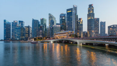 Skyline of the Central Business District of Singapore with Esplanade Bridge in the evening Detafour