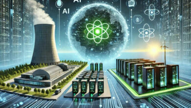 DALL·E 2024 07 24 22.42.02 A widescreen image illustrating the intersection of AI technology and nuclear power. The image should depict a futuristic data center powered by nucle Detafour