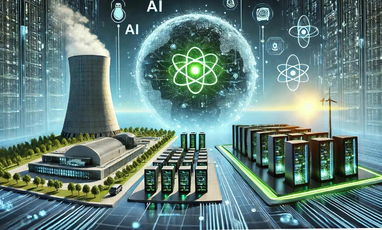 DALL·E 2024 07 24 22.42.02 A widescreen image illustrating the intersection of AI technology and nuclear power. The image should depict a futuristic data center powered by nucle Detafour