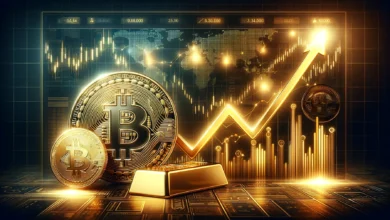 dynamic realistic wide image chart Bitcoin and gold 4k RAW digital art 3d render gID 7 Detafour