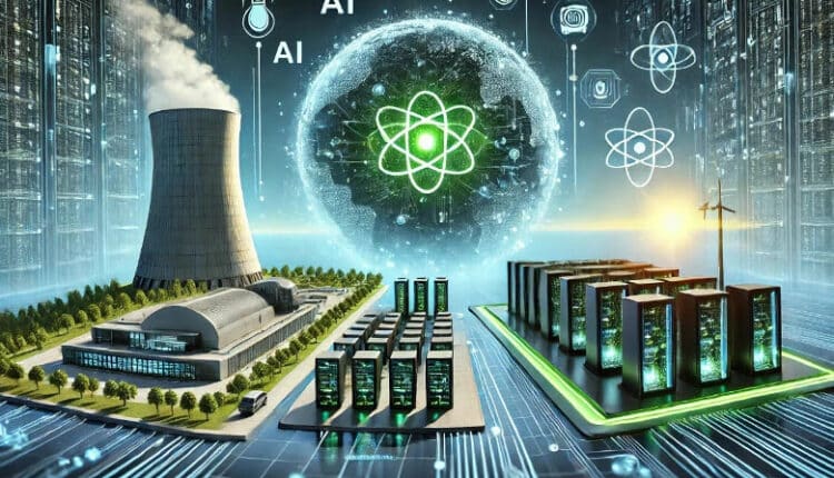 DALL·E 2024 07 24 22.42.02 A widescreen image illustrating the intersection of AI technology and nuclear power. The image should depict a futuristic data center powered by nucle 750x430 1 Detafour