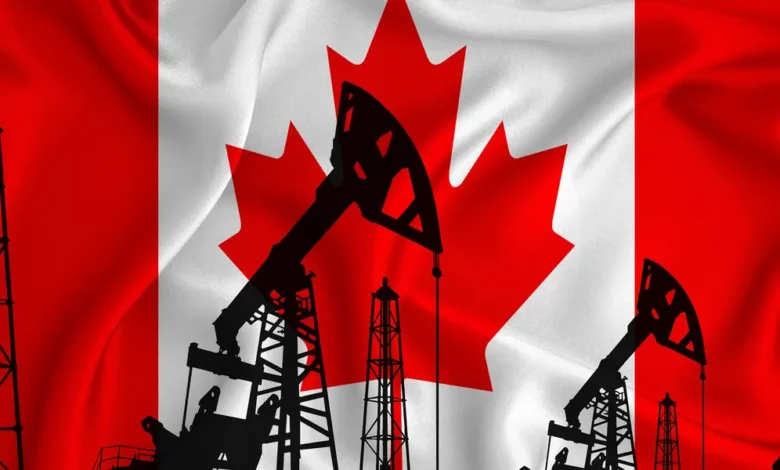 silhouette of drilling rigs and oil derricks with canadian flag in background Detafour