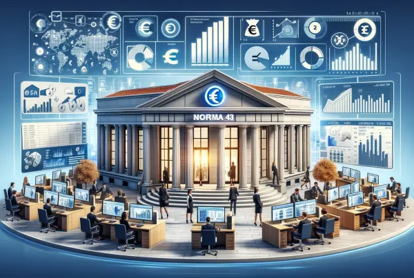 DALL·E 2024 05 17 21.31.20 An illustration representing the efficient management of bank accounts in Spain using the Norma 43 standard. The scene features a modern bank building Detafour