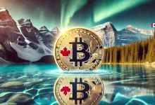 DALL·E 2025 01 13 21.16.38 A visually striking image combining the elements of Bitcoin and Canadian themes. The scene shows a large glowing Bitcoin coin embossed with a maple l Detafour