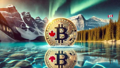 DALL·E 2025 01 13 21.16.38 A visually striking image combining the elements of Bitcoin and Canadian themes. The scene shows a large glowing Bitcoin coin embossed with a maple l Detafour