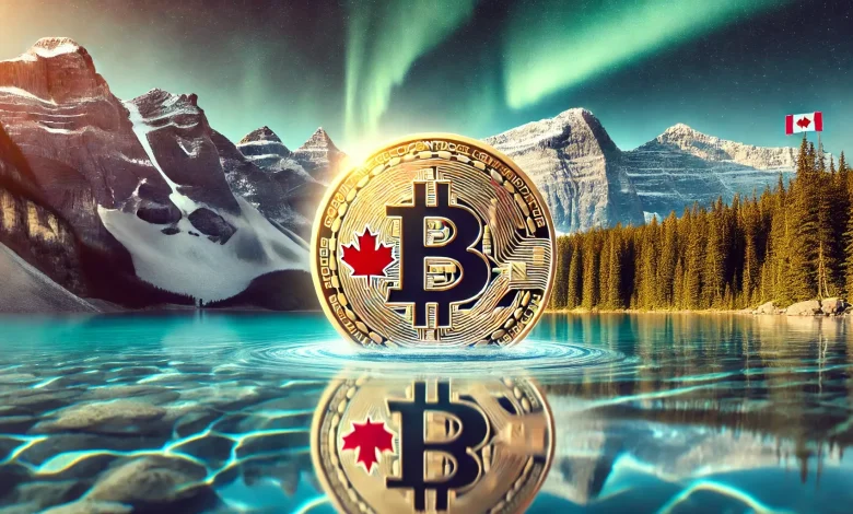 DALL·E 2025 01 13 21.16.38 A visually striking image combining the elements of Bitcoin and Canadian themes. The scene shows a large glowing Bitcoin coin embossed with a maple l Detafour