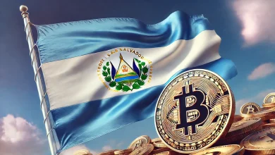 DALL·E 2025 01 30 14.58.13 A detailed image of the El Salvador flag alongside a large symbolic representation of Bitcoin. The flag is prominently displayed with its vibrant blu Detafour