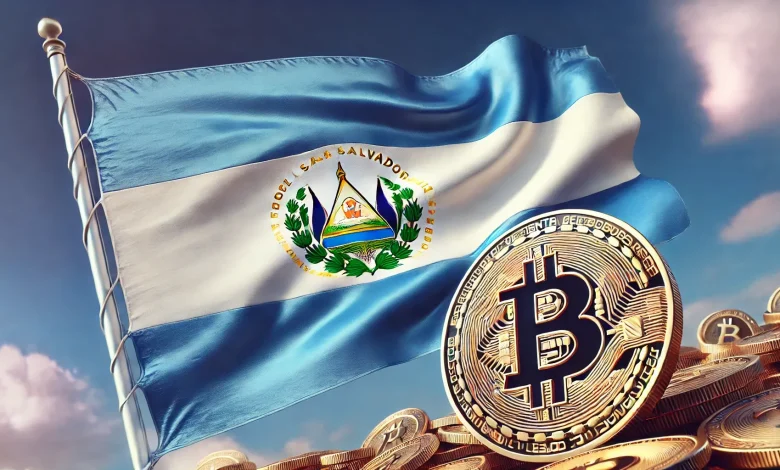 DALL·E 2025 01 30 14.58.13 A detailed image of the El Salvador flag alongside a large symbolic representation of Bitcoin. The flag is prominently displayed with its vibrant blu Detafour