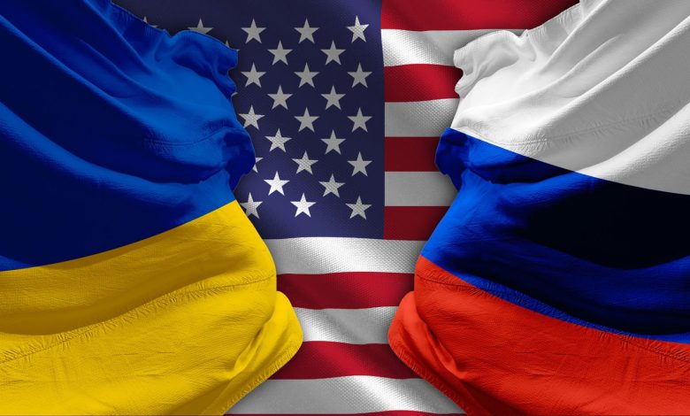 Ukraine U.S. Russia Flags display Detafour