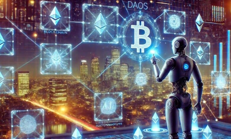 نص بديل: روبوت يتفاعل مع رموز العملة الرقمية والبلوكتشين على خلفية مدينة متلألئة.