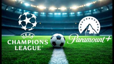 صور لمباراة كرة قدم في ملعب مملوء بالجمهور مع شعارات UEFA و Paramount+.